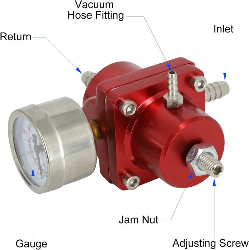 BARTOO Universal Adjustable Fuel Pressure Regulator Kit, Aluminum Fuel Regulator,Adjustable Gas Oil Injection Pressure Regulator with 0-140 PSI Gauge -Red - Image 4